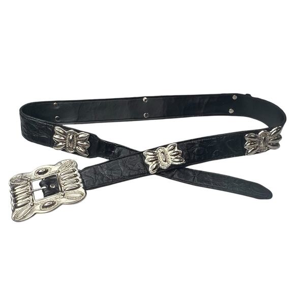 Vintage Black Leather Silvertone Butterfly Concho Belt M/L Ornate Buckle Western main image 8